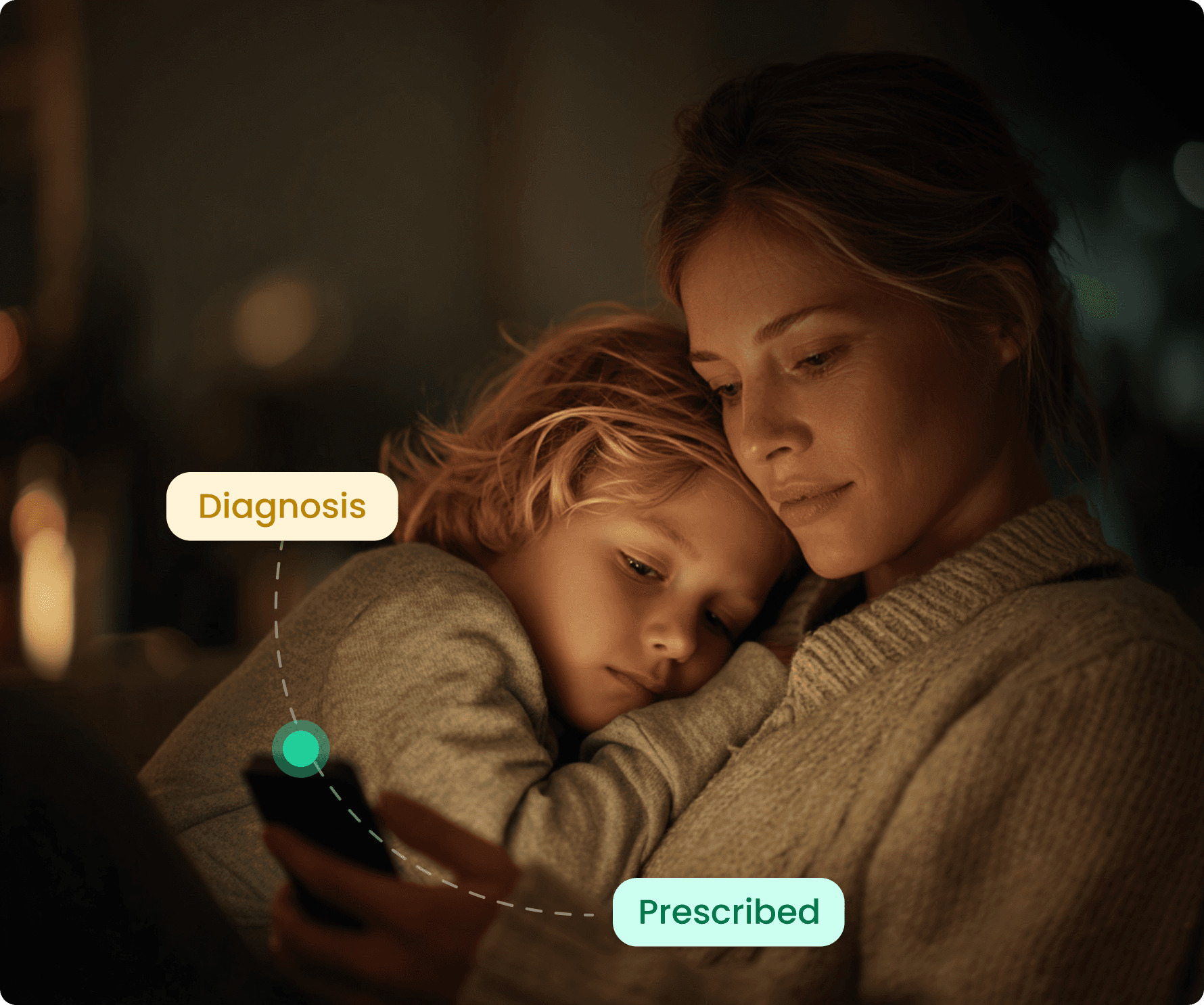 A mother holding her sleeping child while requesting a prescription in the Dr Gabi app